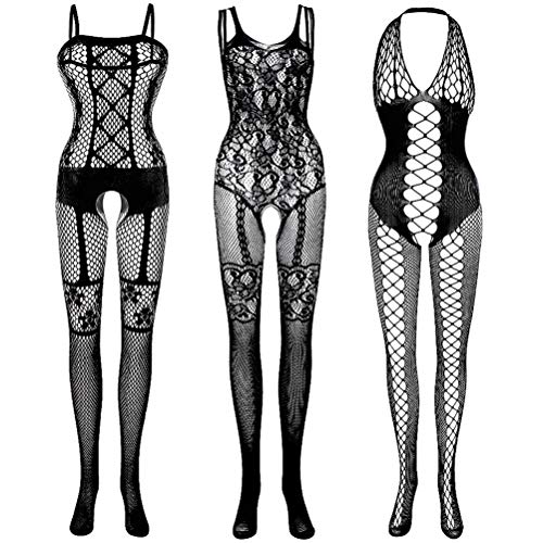 Fengek 3 Packs Women Fishnet Bodysuits, Stockings Sleepwear Lingerie for Couple Dating Nightwear, Black