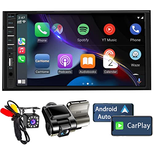 Naifay Double Din Car Stereo with Dash Cam | 7INCH Touchscreen Car Radio Receivers Support with Apple Carplay & Android Auto, Bluetooth, Backup Camera, Mirror Link, Voice Control, SWC, FM/USB/TF/AUX