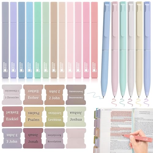 DazSpirit 12 Pastel No Bleed Highlighters and 6 Smooth Gel Pens with 90 Laminated Bible Tabs Set, Beautifully Colored Bible Tabs for Easy Navigation for Women & Men (73 Pre-Printed & 17 Blank Tabs)