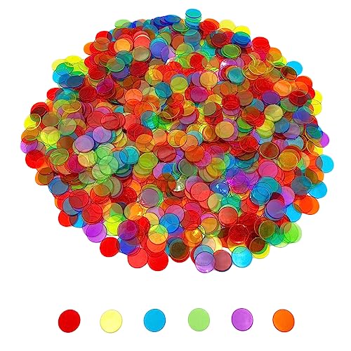 JUNWRROW 1000 Pieces 3/4 inch Transparent 6 Color Bingo Counting Chips with Bag - for Large Group Games, Game Night & Educational Activities