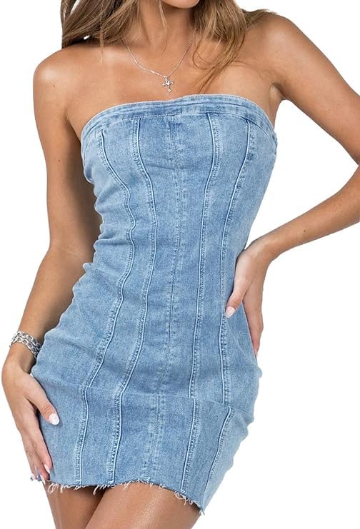 Fronage Women's Summer Sexy Denim Strapless Dresses Jeans Corset Tube Backless Bodycon Top Mini Dress Western Cowgirl 2023 Light Blue, S