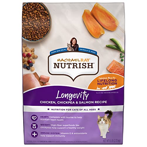 Rachael Ray Nutrish Longevity Premium Natural Dry Cat Food, Chicken with Chickpeas & Salmon Recipe, 6 Pounds (Packaging May Vary)