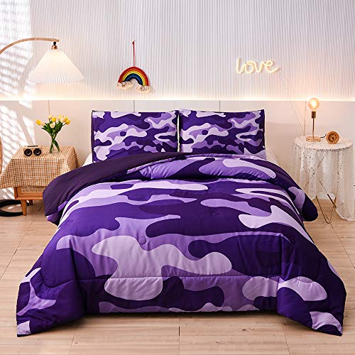 Meeting Story Camouflage Bedding Set, Purple Camouflage Comforter Set, 3 PCS One Comforter and Two Pillowcases, Lightweight Bedspread for Girls Teens Adults (Purple, Queen)
