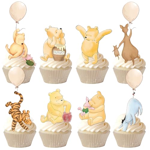 48 Pcs Winnie Cupcake Toppers Classic The Pooh Baby Shower Decorations Cute Cake Decorations Oh Baby Mommy-To-Be Party Favors Boys and Girls First Birthday Supplies