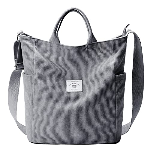 KALIDI Corduroy Tote Bag, Large Messenger Bag Shoulder Hobo Anti Splash Crossbody Zipper Bag Casual Work Shopping Women Grey Blue