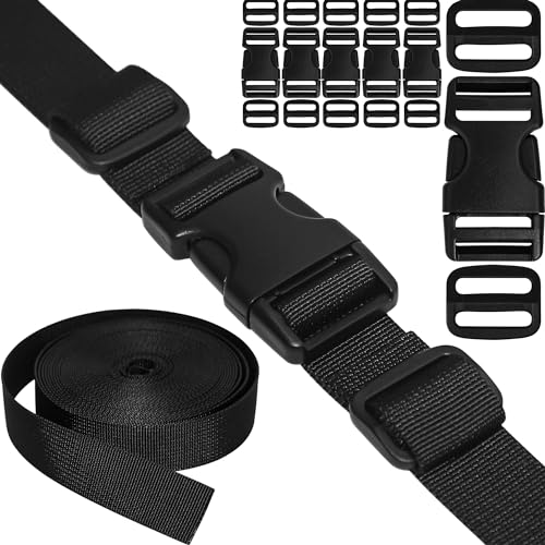 HISUNTEC ﻿Buckles & Straps 1': 6 yard Nylon Webbing 1 inch (25mm) Wide + 6 set Side Release Buckle + 12 pcs Tri-Glide Sliders, Plastic Clip Quick Fastener Replacement Heavy Duty Dual Adjustable No Sew