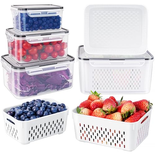 4 PCS Fruit Storage Containers for Fridge with Removable Colander, Airtight Food Storage Container, Dishwasher Safe Produce Saver Container for Refrigerator, Keep Berry Fruit Vegetable Fresh Longer