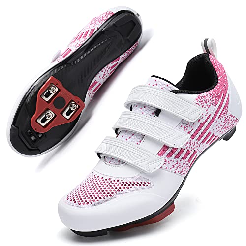 Unisex Road Bike Cycling Shoes Compatible with Peloton Shimano SPD Bike Riding Shoes for Men Women, 3 Straps, Pre-Installed Delta Cleats for Indoor Outdoor Cycling Biking Size 7 (White-Pink)