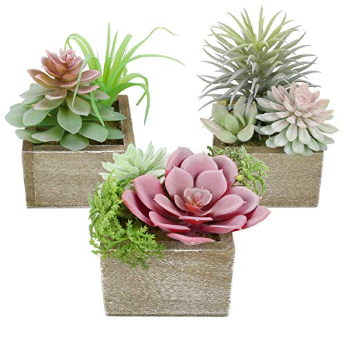 Mingfuxin Artificial Succulents Plants, Mini Assorted Green Fake Plants in Pots, Small Succulents Plants Artificial with Wood Potted for Bathroom Home Office Living Room Table Decor Indoor, Set of 3