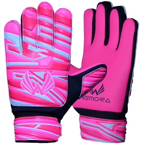 WEMORA Soccer Goalie Gloves with Nonslip 4MM Strong Grip Palms Goalkeeper Gloves for Kids Youth (Pink, Size 5 Suitable for 9 to 12 Years Old, Ambidextrous)