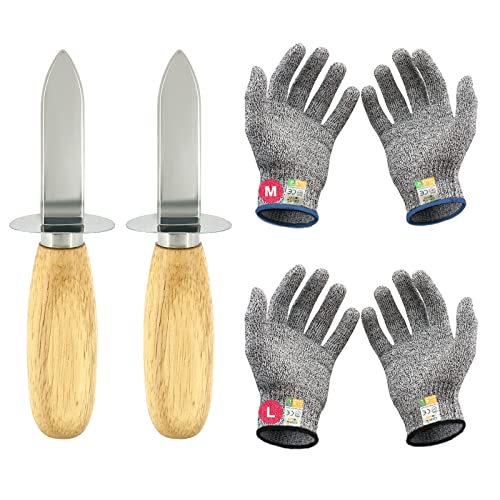 Oyster Shucking Knife Set of 2 Stainless Steel Oyster Knifes and 2 Pairs Level 5 Cut-Resistant Gloves，Oyster Knives Suitable for All Kinds of Shells and Oysters Shucking