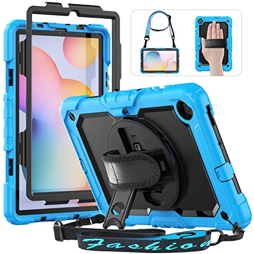 HXCASEAC for Galaxy Tab S6 Lite Case 2020/2022 (SM-P613/P619/P610/P615), Samsung S6 Lite Case with Pen Holder /360 Rotating Hand Strap/Stand/Screen Protector Heavy Duty Case for Kids, Light Blue