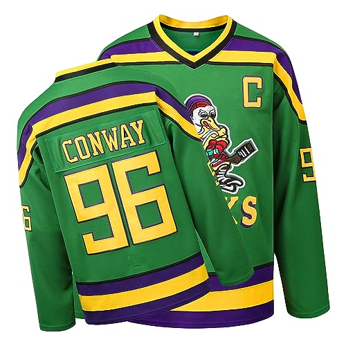 Conway 96 Mighty Ducks Jersey S-XXXL,Movie Ice Hockey Jersey,Broidery Stitched Letters and Numbers Green L