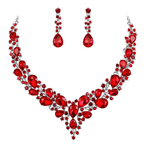 BriLove Wedding Bridal Necklace Earrings Jewelry Set for Women Austrian Crystal Teardrop Cluster Statement Necklace Dangle Earrings Set Ruby Color Silver-Tone