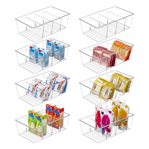 Vtopmart 8 Pack Food Storage Organizer Bins, Clear Plastic Bins for Pantry, Kitchen, Fridge, Cabinet Organization and Storage, 4 Compartment Holder for Packets, Snacks, Pouches, Spice Packets