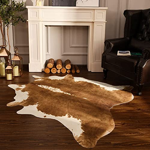 BENRON Premium Cowhide Rug 4.6x5.2ft Faux Cow Hide Rug Rustic Animal Rug Stylish Cow Print Rugs for Living Room Bedroom Western Home Decor Leahther Carpets for Cowboy Cowgirl,Khaki Brown