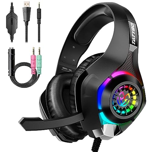 Tatybo Gaming Headset for PS4 PS5 Switch Xbox One PC with RGB Light, Noise Canceling Mic, Surround Sound Gaming Headphones
