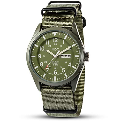 Infantry Military Watches for Men Analog Wrist Watch, Tactical Waterproof Outdoor Sport Mens Quartz Wristwatch, Date Day Work Field Army Green w/Nylon Band by MDC