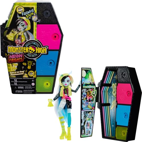 Monster High Skulltimate Secrets Neon Frights Doll & Accessories, Frankie Stein with Dress-Up Locker & 19+ Surprises