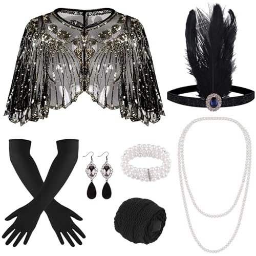 ELECLAND 10 Pieces 1920s Flapper Accessories Set Fashion Roaring 20's Theme Set with Headband Headpiece Long Black Gloves Necklace Earrings for Women (Black Gold)