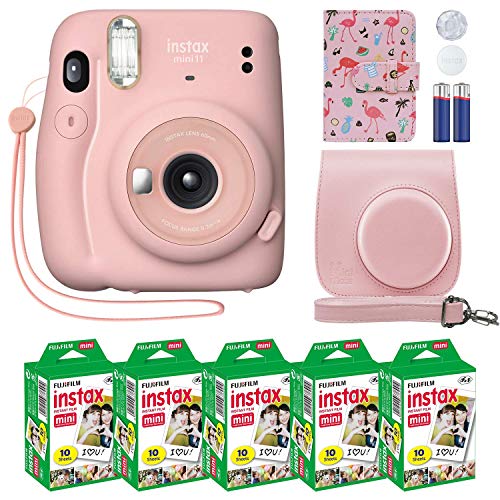 Fujifilm Instax Mini 11 Instant Camera Blush Pink + Custom Case + Fuji Instax Film Value Pack (50 Sheets) Flamingo Designer Photo Album for Photos