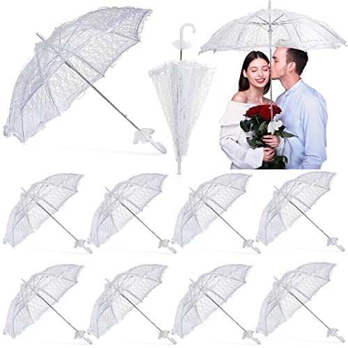 Amylove 12 Pack White Lace Parasol Umbrella Bulk Wedding Lace Parasol Umbrella for Bridesmaids Flower Girls Photo Prop Vintage Wedding Bridal Umbrella for Decoration Photo Lady Costume 1920s Party