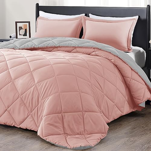 downluxe Queen Comforter Set - Pink and Grey Queen Comforter, Soft Bedding Sets for All Seasons - 3 Pieces - 1 Comforter (88'x92') and 2 Pillow Shams(20'x26')