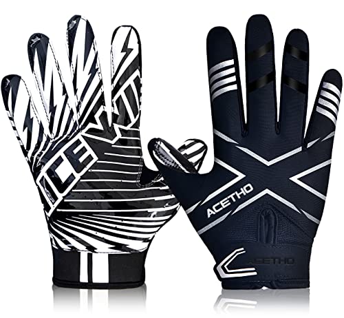 ACETHO Football Gloves Adult Youth Football Receiver Gloves for Kids Men and Women (Black, Youth XS/S)