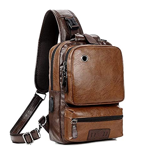 SDIYABOLO Small Black Sling Crossbody Backpack Shoulder Bag for Men Women Vintage PU Leather CrossBody One Strap Casual Sling Backpack Cycling USB Charger