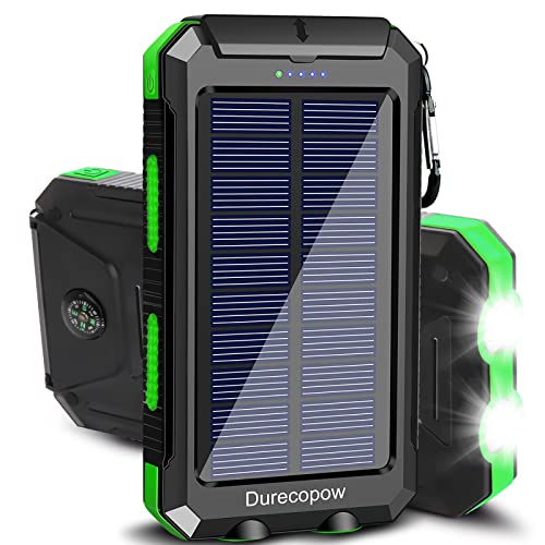 Durecopow Solar Charger, 20000mAh Portable Outdoor Waterproof Solar Power Bank, Camping External Backup Battery Pack Dual 5V USB Ports Output, 2 Led Light Flashlight with Compass (Green)