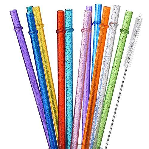 ALINK 12-Pack Glitter Reusable Clear Plastic Straws, 11' Long Hard Tumbler Replacement Drinking Straws for 16 OZ 20 OZ 30 OZ Stanley, YETI, Starbucks Tumblers with Cleaning Brush