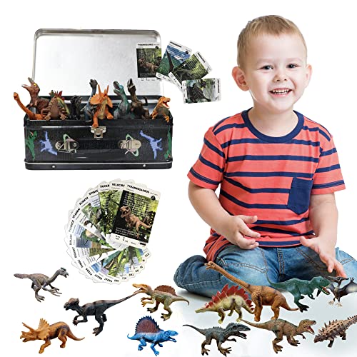 Dinotown Dinosaur Toys with 12 Figures, Tin Storage Box, Playing Mat and 20 Playing Cards - Gift for Boys and Girls