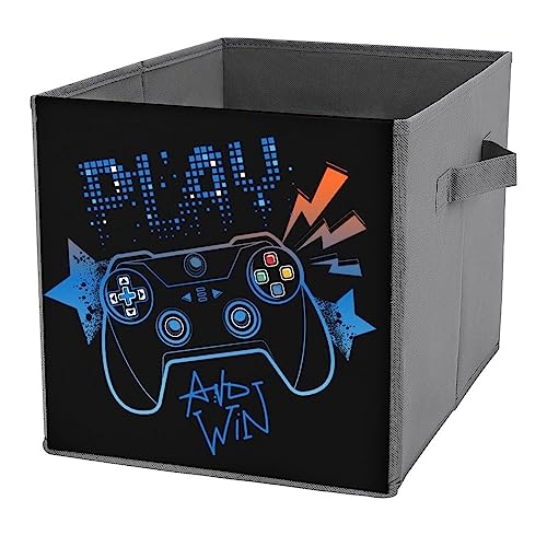 DamTma Storage Cubes Blue Game Joystick 11 Inch Cube Storage Bin with Handles Video Games Fabric Collapsible Cube Baskets for Shelf Toys Clothing Books