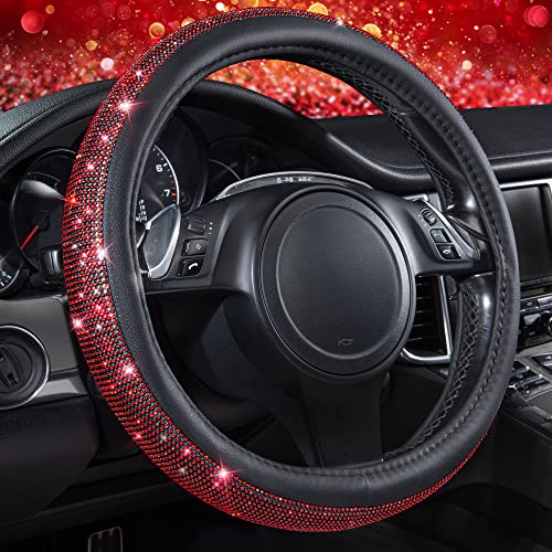 CAR PASS Red Diamond Black Leather Steering Wheel Cover, with Bling Crystal Rhinestones Universal Fit 14' 1/2-15' Crystal Glitter for Women Sparkle Girl Fit Suvs,Vans,Sedans,Cars,Trucks, Red Diamond