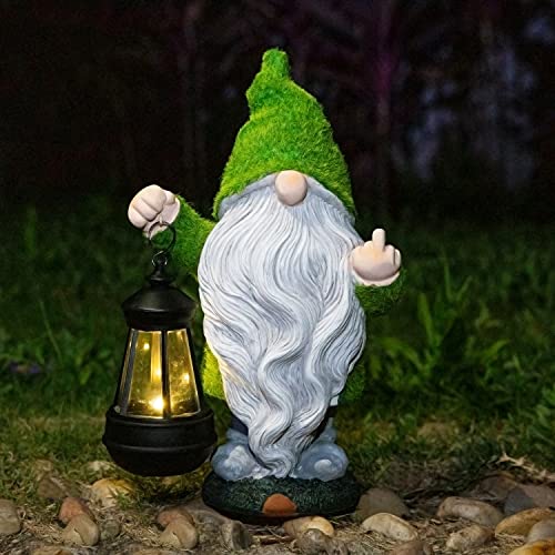 ANYUETE,Flocked Garden Outdoor Gnome Statues Decor with Solar Lights ,Large Funny Gnome Garden Figurines for Outside Patio Yard Lawn House Farmhouse Sculptures Decorations Gifts
