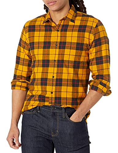 Amazon Essentials Men's Slim-Fit Long-Sleeve Plaid Flannel Shirt (Limited Edition Colors), Black Yellow Plaid, Large