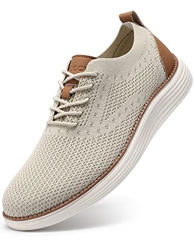 VILOCY Men's Casual Dress Sneakers Oxfords Business Shoes Lace Up Lightweight Comfortable Breathable Walking Knit Mesh Fashion Sneakers Tennis Beige,EU44