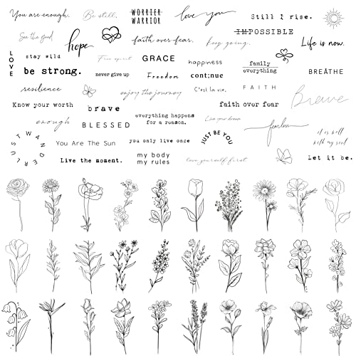 TATUWST Realistic Temporary Tattoos - 60 Sheets Tiny Small Removable Tattoos, 30 Pcs Inspirational Quotes Words Tattoos, 30 Pcs Wild Flower Ink Line Botanical Floral Leaf Tattoo Stickers for Women