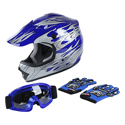 DOT Youth Kids Motocross Offroad Street Dirt Bike Helmet Youth Motorcycle ATV Helmet with Goggles Gloves Blue Flame S