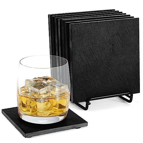 Juvale Set of 8 Square Black Slate Coasters with Holder for Coffee Table (4x4 in)