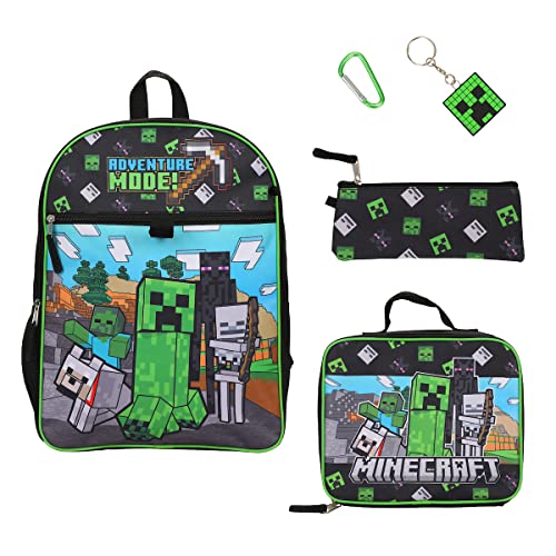 Minecraft 5-Piece Set: 16' Backpack, Lunchbox, Utility Case, Rubber Keychain, and Carabiner