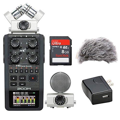 Zoom H6 6-Track Handy Recorder Bundle with Universal Windscreen, Power Adapter and Memory Card (4 Items)