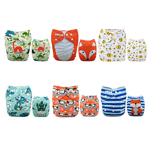 ALVABABY Cloth Diaper One Size Adjustable Washable Reusable for Baby Girls and Boys 6 Pack with 12 Inserts 6DM48