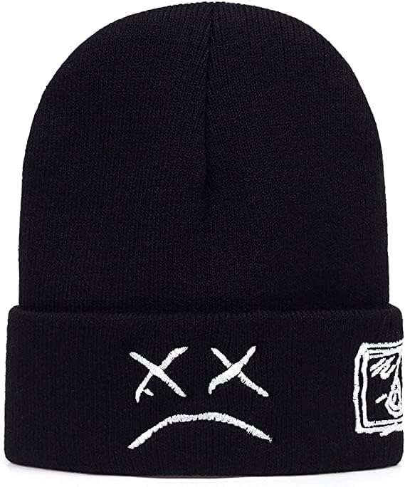Beanie Hat for Men Women with Sad Face Cuffed Plain Skull Knit Cap Intended for Lil Peep, Black