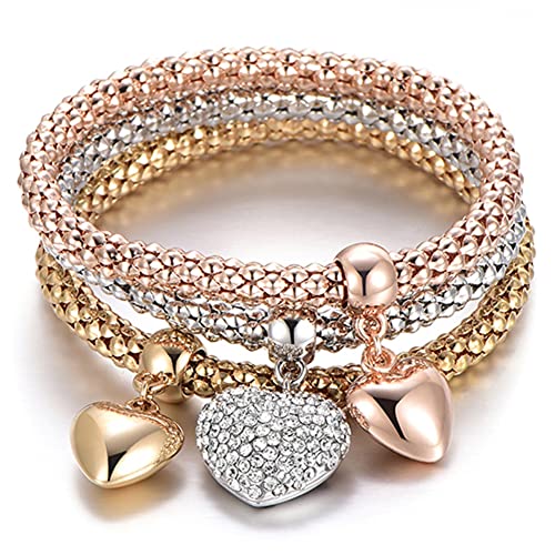 SILANER Crystal Charms Multilayer Bracelets - 3PCS Gold/Silver/Rose Gold Corn Chain Bracelet for Women, Tree of Life Heart Shaped Stretch Bracelet(Solid Hearts Charm)