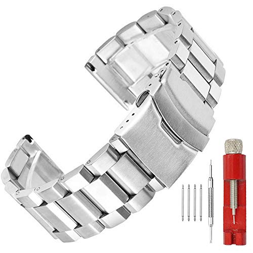 SINAIKE 18mm Silver Brushed Wrist Band Solid Stainless Steel Watch Band with Deployment Double Buckle Strap