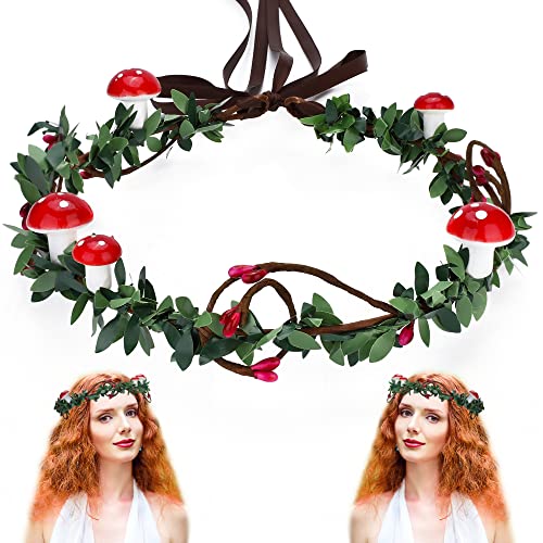 MOSTORY Handmade Flower Mushroom Crown - Woodland Elf Headband Fairy Forest Headpiece for Women Girls Renaissance Mardi Gras Carnival Cosplay Party Accessory