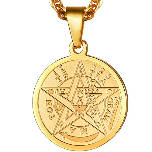 PROSTEEL Tetragrammaton Pentacle Necklace Pentagram Protection Charm Amulet Wiccan Magical,Gold Star Pendant Hiphop Chain,the ancient power name of God