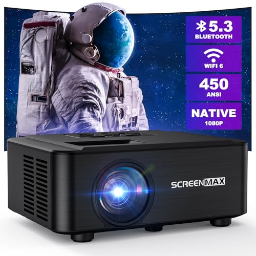 SCREENMAX Projector with WIFI and Bluetooth,Native 1080P Projector,2024 450 ANSI Portable Movie Projector for Outdoor Use,Zoom Function,Home Video Led Projector Compatible with IPhone/Android/TV Stick