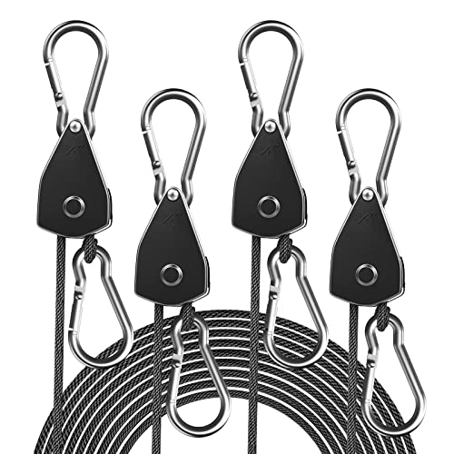 STAYGROW 4-Pack 1/8' Adjustable Rope Hanger, Heavy Duty Ratchet Tie Down Strap with Reinforced Metal Gear, Ratcheting Pulley System Bungee Cord for Hanging Plants Grow Light and Various Tie-Down Uses